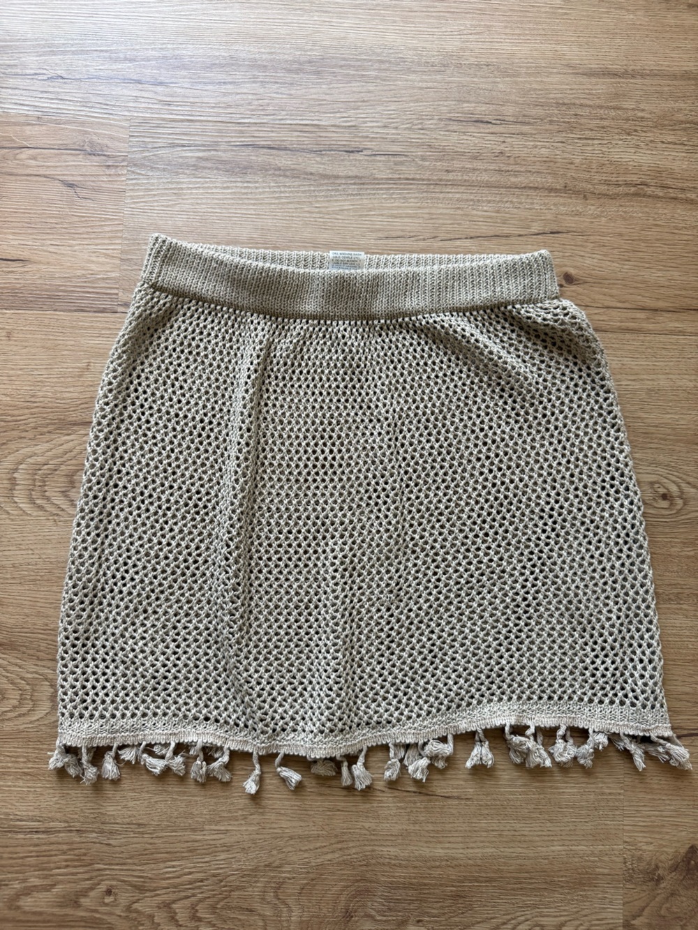 Beige Knit Swim Coverup Skirt with Tassel Hem